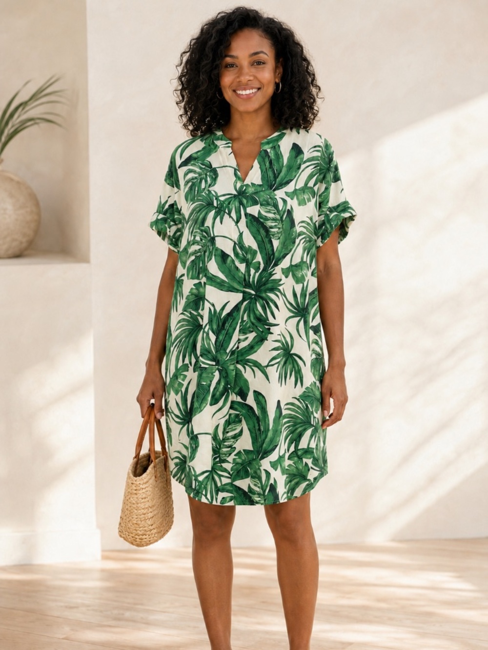 H&M Green White Tropical Palm Leaf Tunic Mini Dress 2 Summer Vacation Shift